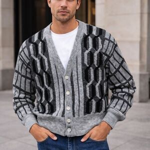 Vintage JJ Cochran Gray Patterned V-Neck Cardigan Sweater